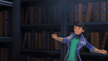 a cartoon character is standing in front of a bookshelf with a book that says ' the bible ' on it