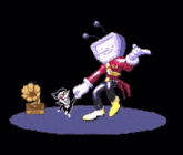 a pixel art of a cartoon character dancing next to a cat .