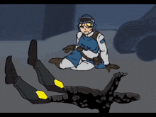 a drawing of a woman in a seaf uniform kneeling next to a man laying on the ground