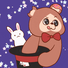 a cartoon of a teddy bear holding a rabbit in a top hat