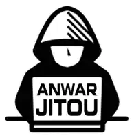 a logo for anwar jitou shows a person in a hoodie holding a laptop