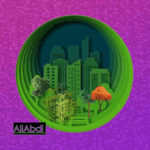 a green circle with a city and trees in it and the name aliabdi on the bottom