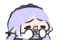 a cartoon character with purple hair and glasses is crying and covering her face with her hands .