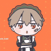 a drawing of a boy with a bandage on his face holding a cup of coffee .