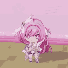 a girl with pink hair and white feathers is sitting on the floor