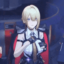 a blonde anime girl with blue eyes is sitting in a chair