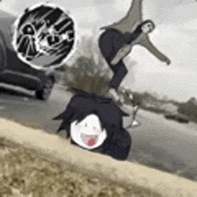 a cartoon character is standing on top of another cartoon character on a sidewalk .