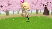 a girl with a pink bow on her head is holding a basket in a park