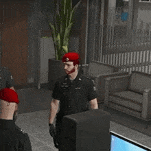 a police officer wearing a red beret salutes in front of a computer monitor
