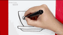 a person is drawing a cup of coffee on a saucer with a marker