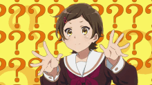 a girl stands in front of a yellow background with question marks
