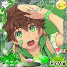 a picture of a boy with green eyes and a frog on it