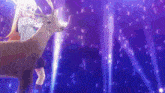 a girl standing next to a deer in a purple background