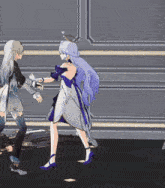 two anime girls are standing next to each other and one has a sword in her hand