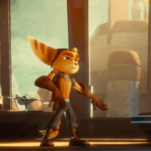 a cartoon character is standing in front of a window and looking out .