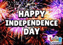 a fireworks display with the words happy independence day in white letters