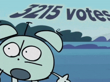 a cartoon character stands in front of a sign that says ' 3215 votes '
