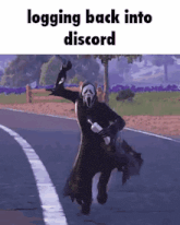 a scream character is running down a road in a video game and logging back into discord .