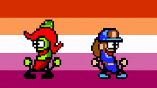 two pixel art characters standing next to each other on a rainbow background