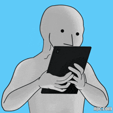 a cartoon drawing of a man holding a laptop with npc.com written below it