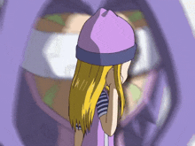 a cartoon of a girl wearing a purple hat and striped shirt