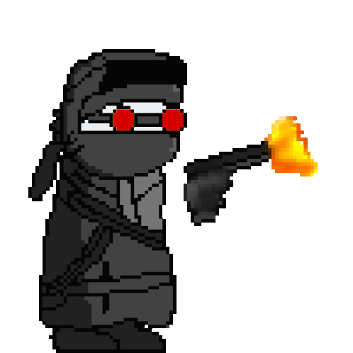 a pixel art of a man holding a torch and a gun