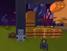 a video game with a skeleton and a pumpkin in the background