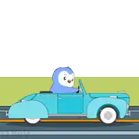 a cartoon of a penguin driving a car with a welcome sign in the background