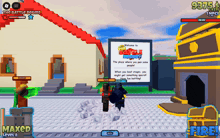 a screenshot of a video game with a sign that says " welcome to brickmania "
