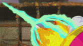 a cartoon of a person holding a sword with a green flame coming out of it .