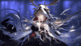 a girl with long hair and antlers is holding a candle in front of her face