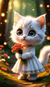 a white kitten in a white dress is holding a bouquet of red flowers