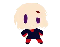 a cartoon drawing of a person with blonde hair and purple eyes