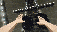 a cartoon of a person 's hands reaching up towards a ferris wheel .