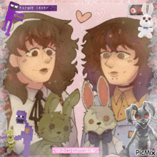 a picture of two girls with stuffed animals and the words purple lover on top