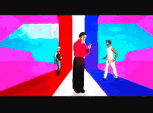a man in a red shirt is standing in a colorful room with two other men