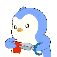 a penguin is holding a pair of scissors and cutting something