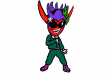 a cartoon drawing of a devil wearing sunglasses and a microphone