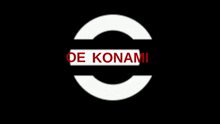 a white circle with the words oe konami in red on a black background