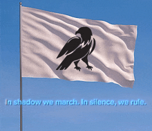 a white flag with a black bird on it and the words " in shadow we march in silence we rule " below it