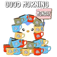 a penguin is surrounded by stacks of coffee cups and a sign that says monday