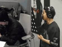 a man wearing headphones and a shirt that says " love me harder "