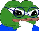 a green frog wearing glasses is holding a piece of paper in his mouth .