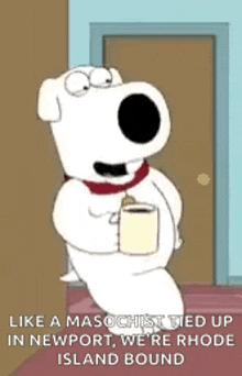 a cartoon of a dog holding a cup of coffee .