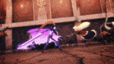 a man with a purple cape is fighting another man