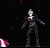 a man in a black suit is dancing in front of a purple lightning bolt .