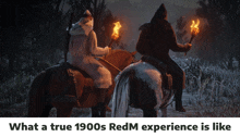 a couple of people riding horses with torches in their hands