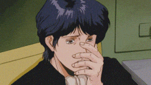 a cartoon of a man covering his nose with his hand