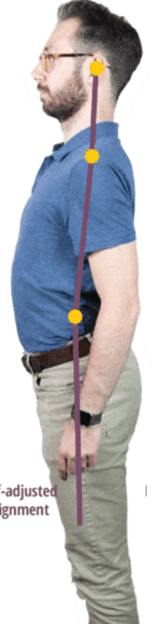 a man wearing glasses and a blue shirt has a purple line going through his neck and shoulder
