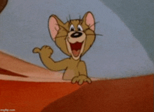 jerry from the cartoon tom and jerry is smiling and waving .